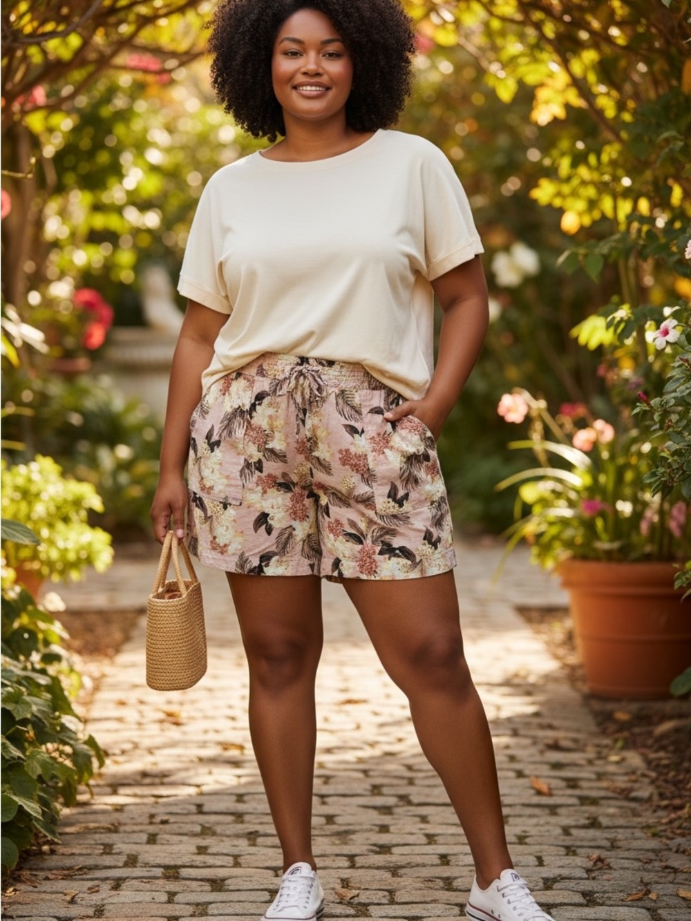 Time and Tru Pink Floral Drawstring Bermuda Shorts